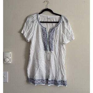 J Jill Large Embroidered Tunic Blouse V Neck White Blue Beach Boho Coastal‎